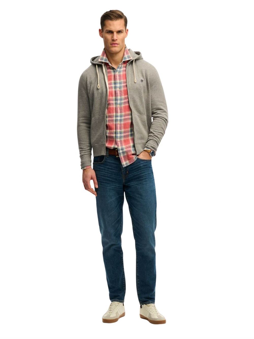 Superdry Felpa Monogram Embroidered Zip Hoodie Grigio Scuro Frontale Intera