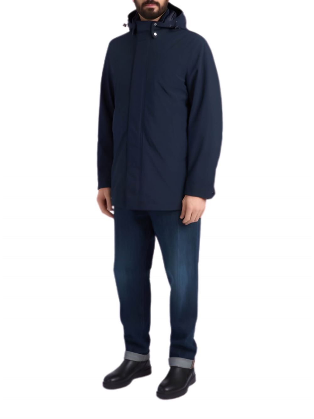 Woolrich Soft Shell Barrow Mac Coat Melton Blue Front