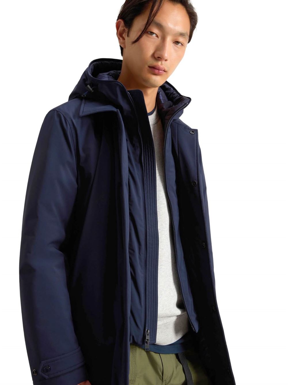 Woolrich Soprabito Stretch 2 in 1 Carcoat Blu Melton Frontale Aperta