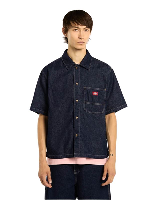 Dickies Camicia Denim Short Sleeve Blu Denim Lavato Frontale