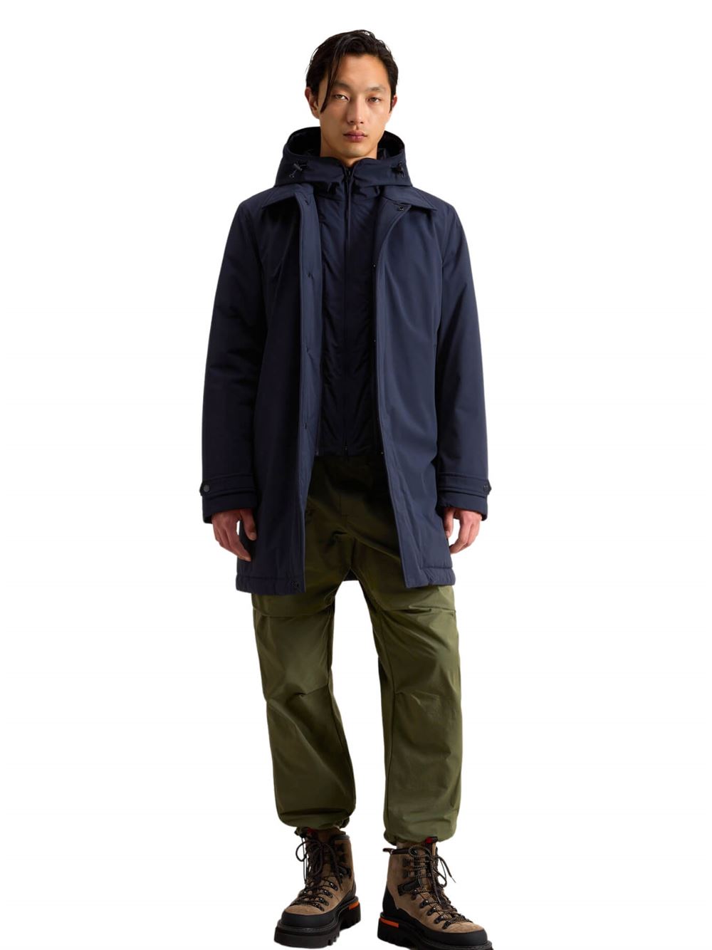 Woolrich Soprabito Stretch 2 in 1 Carcoat Blu Melton Frontale Intera