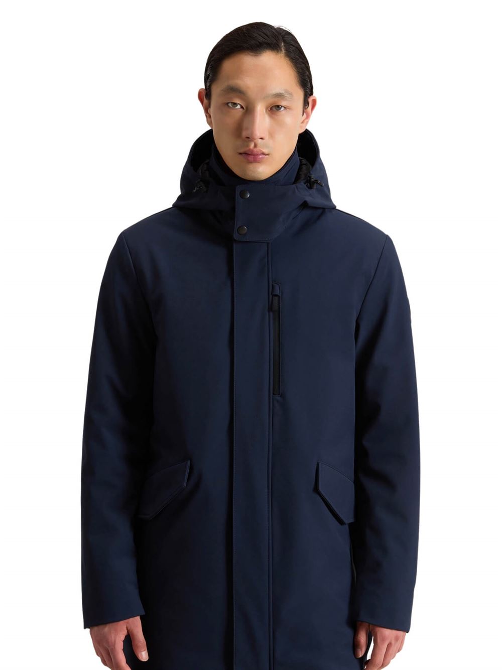 Woolrich Giubbino Barrow Mac Tech Soft Shell Coat Blu Melton Frontale Cappuccio