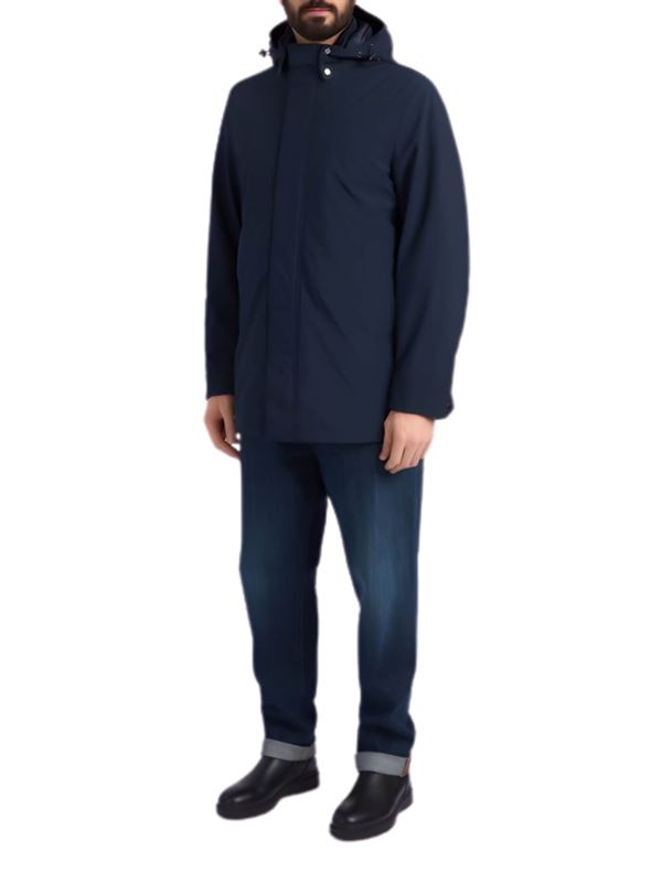 Woolrich Soft Shell Barrow Mac Coat Melton Blue Front