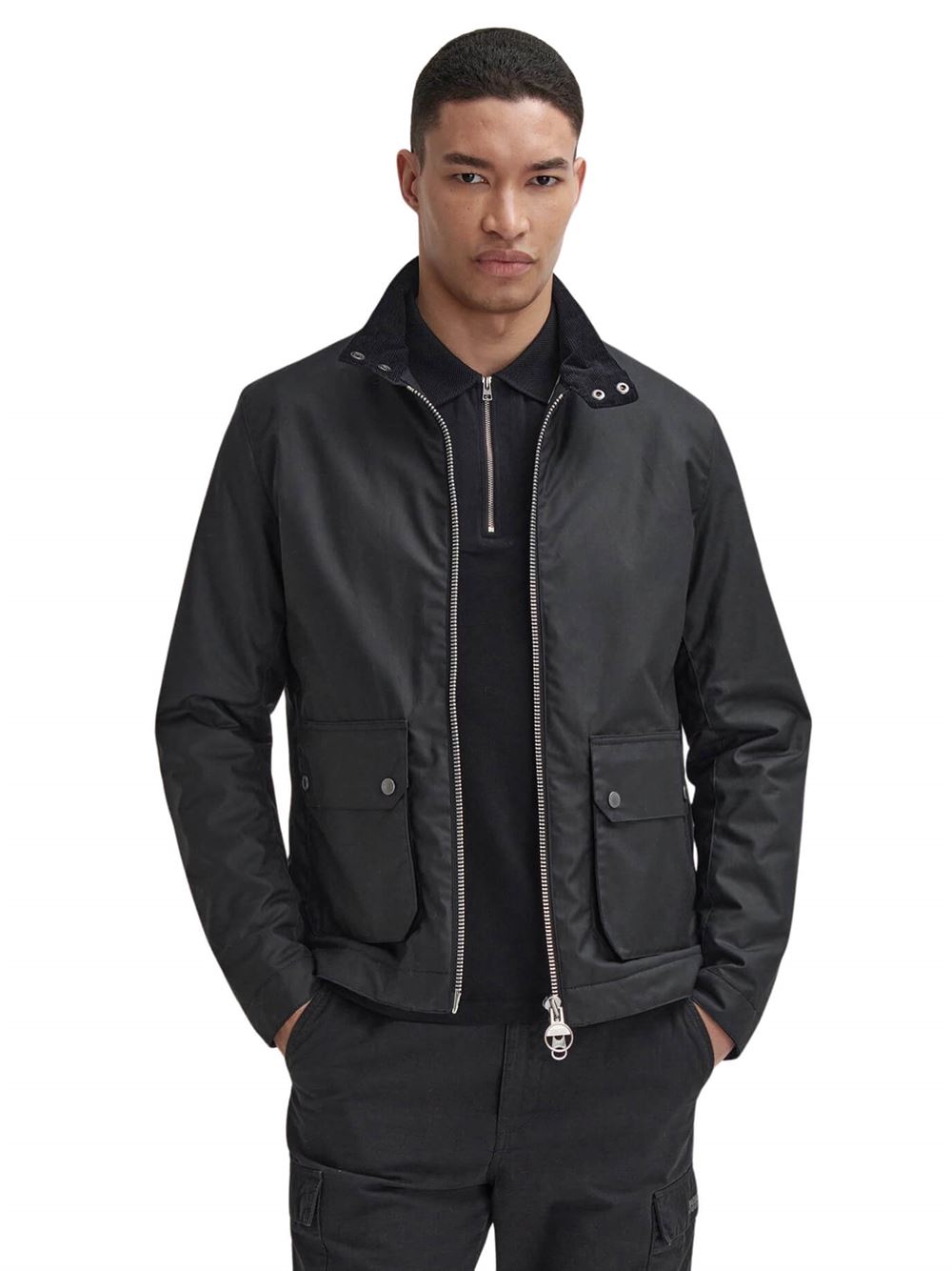 Barbour International Giacca Cerata Harrington Lutlaw Nero Frontale