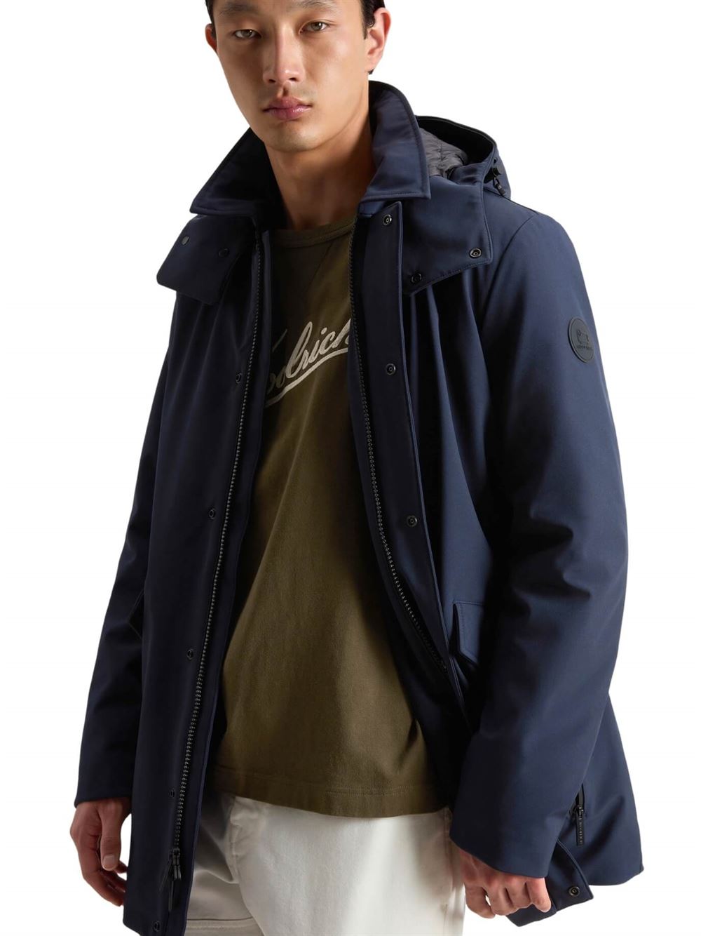 Woolrich Giubbino Barrow Mac Tech Soft Shell Coat Blu Melton Frontale Aperto
