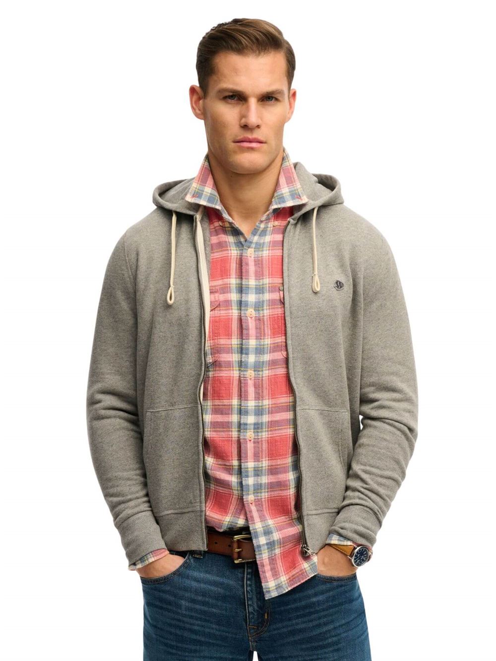 Superdry Felpa Monogram Embroidered Zip Hoodie Grigio Scuro Frontale